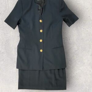 Preston & York two-piece Skirt Suit black with gold buttons Sz 14 Midi Length